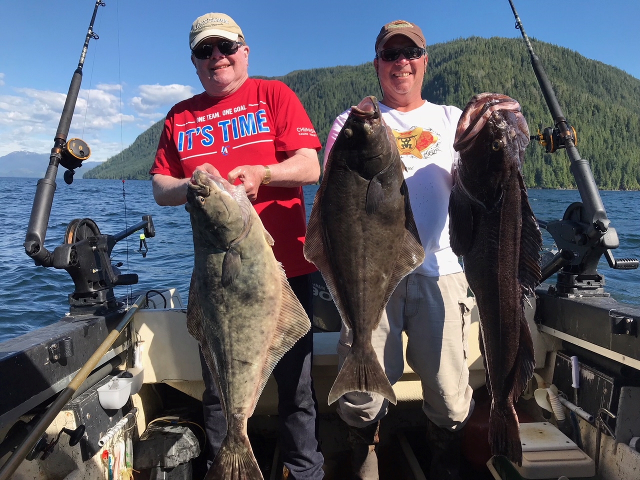 Two fishermen on a small boat holding up 3 halibut.